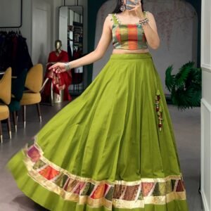 cotton lehenga enhanced with zari weaving, embossed design work, and delicate lace touch up.