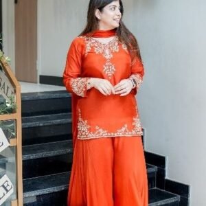 party wear top with palazzo and dupatta set