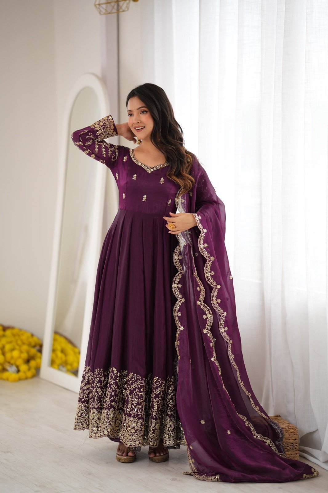presenting anarkali gown pant dupatta set fendy silk with embroidery codding and sequence work presenting anarkali gown pant dupatta set fendy silk with embroidery codding and sequence work