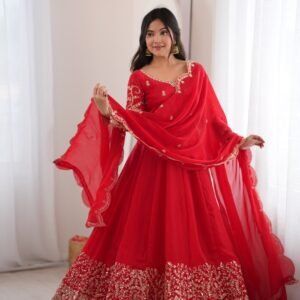presenting anarkali gown pant dupatta set fendy silk with embroidery codding and sequence work