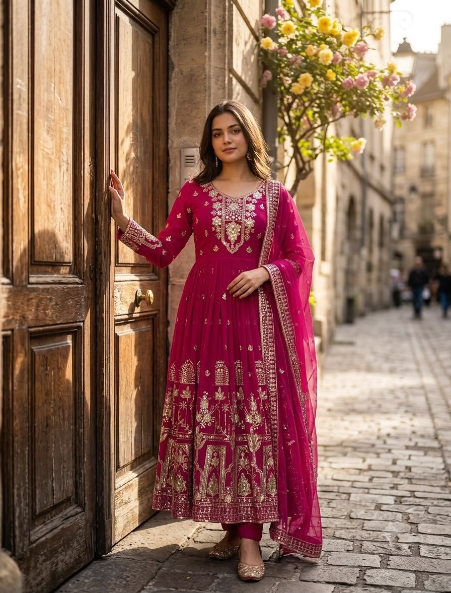 fox georgette anarkali gown pent dupatta set with embroidery sequence work fox georgette anarkali gown pent dupatta set with embroidery sequence work