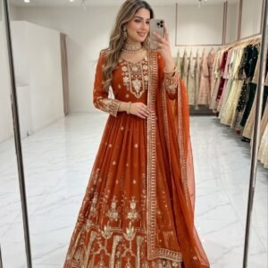 fox georgette anarkali gown pent dupatta set with embroidery sequence work