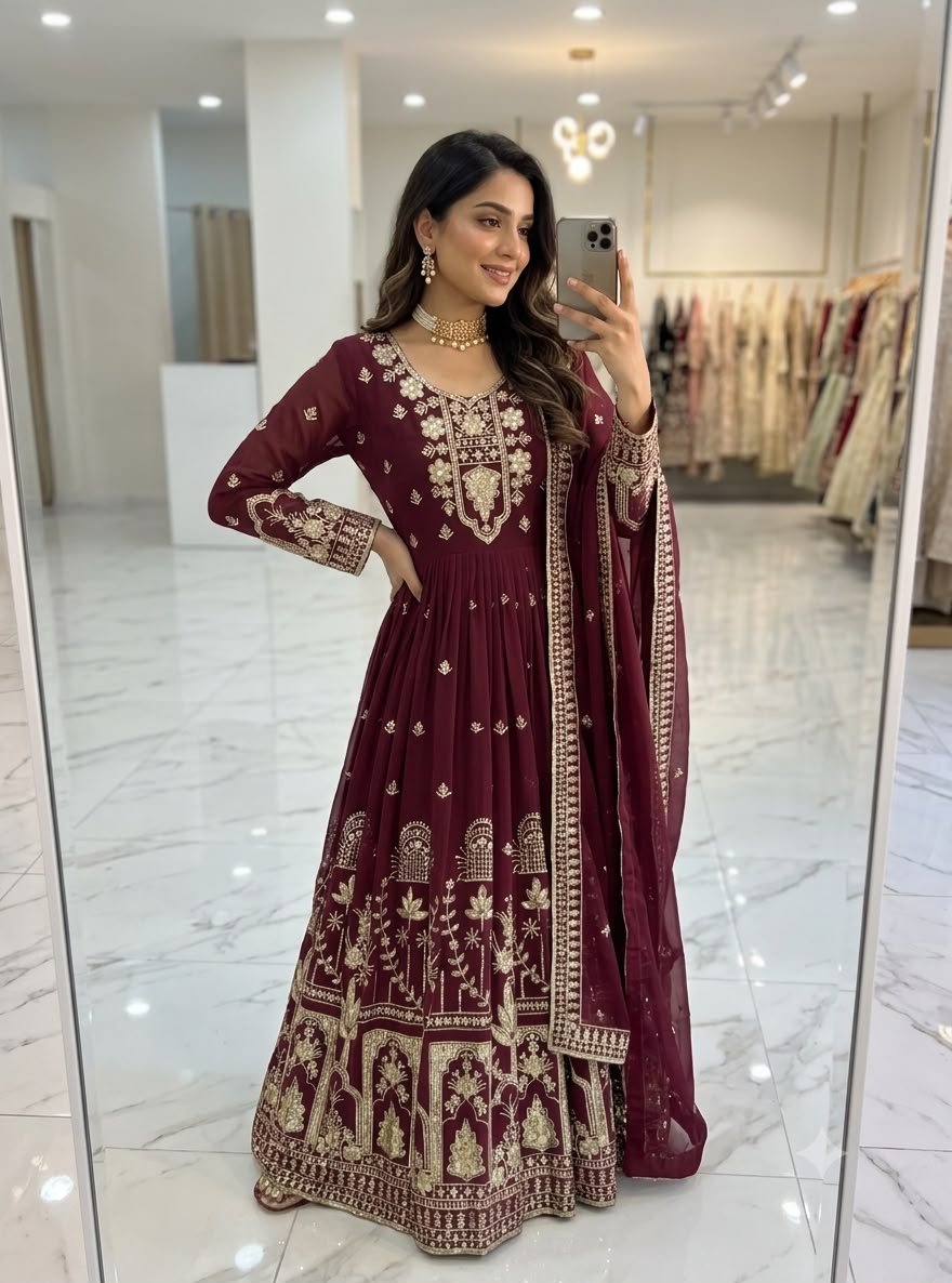 fox georgette anarkali gown pent dupatta set with embroidery sequence work fox georgette anarkali gown pent dupatta set with embroidery sequence work