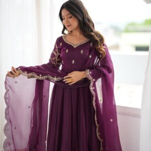 anarkali gown pant dupatta set fendy silk with embroidery codding and sequence work