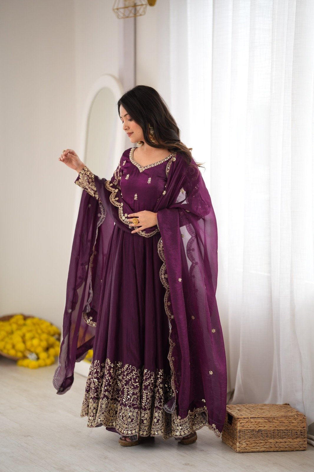 anarkali gown pant dupatta set fendy silk with embroidery codding and sequence work anarkali gown pant dupatta set fendy silk with embroidery codding and sequence work