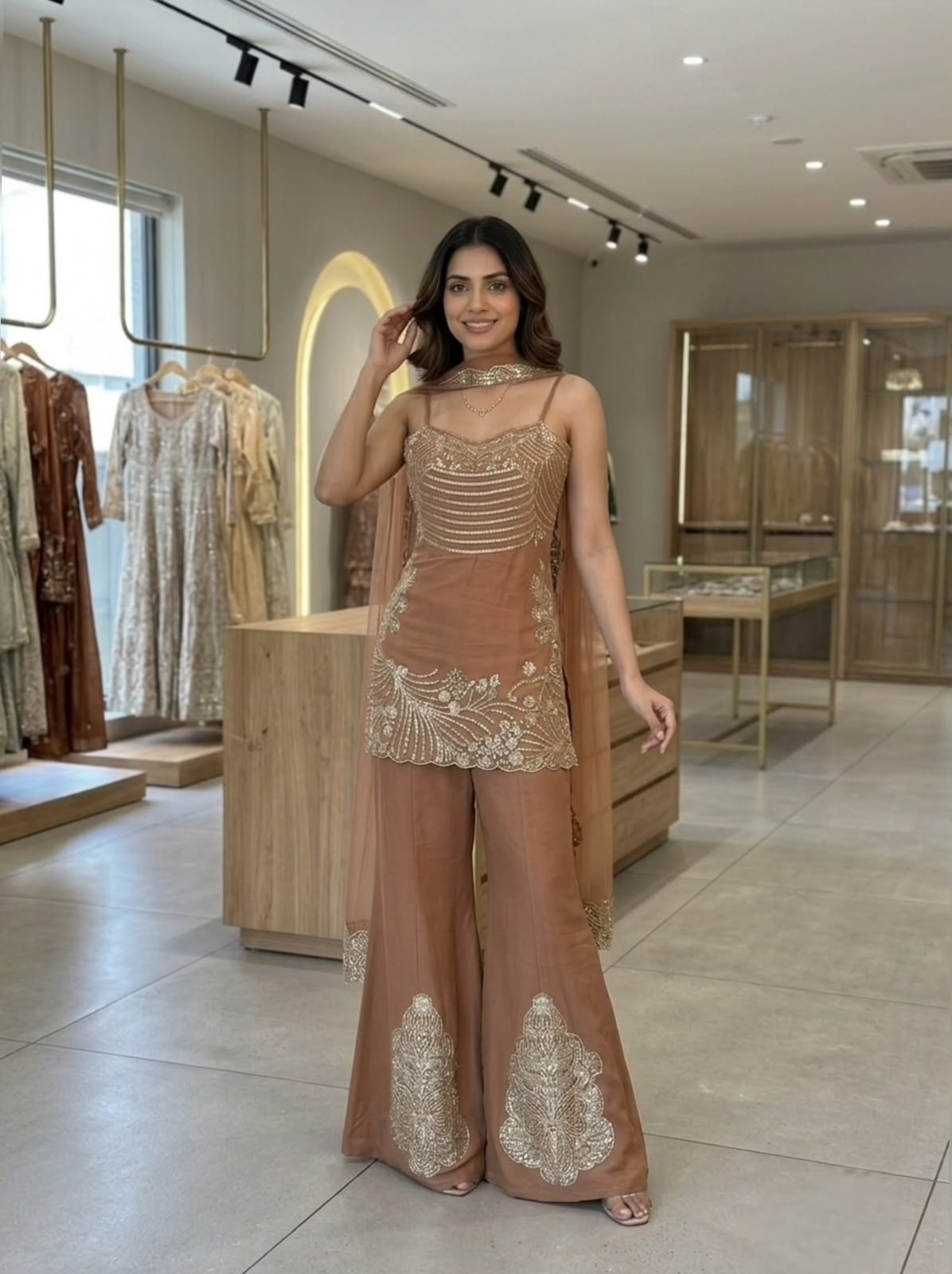 TOP ,PALAZZO AND BELT DUPATTA WITH SEQUENCE EMBROIDERED AND JARKAN WORKED - Image 2