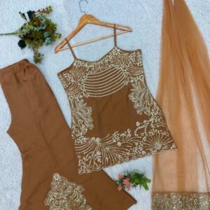 TOP ,PALAZZO AND BELT DUPATTA WITH SEQUENCE EMBROIDERED AND JARKAN WORKED
