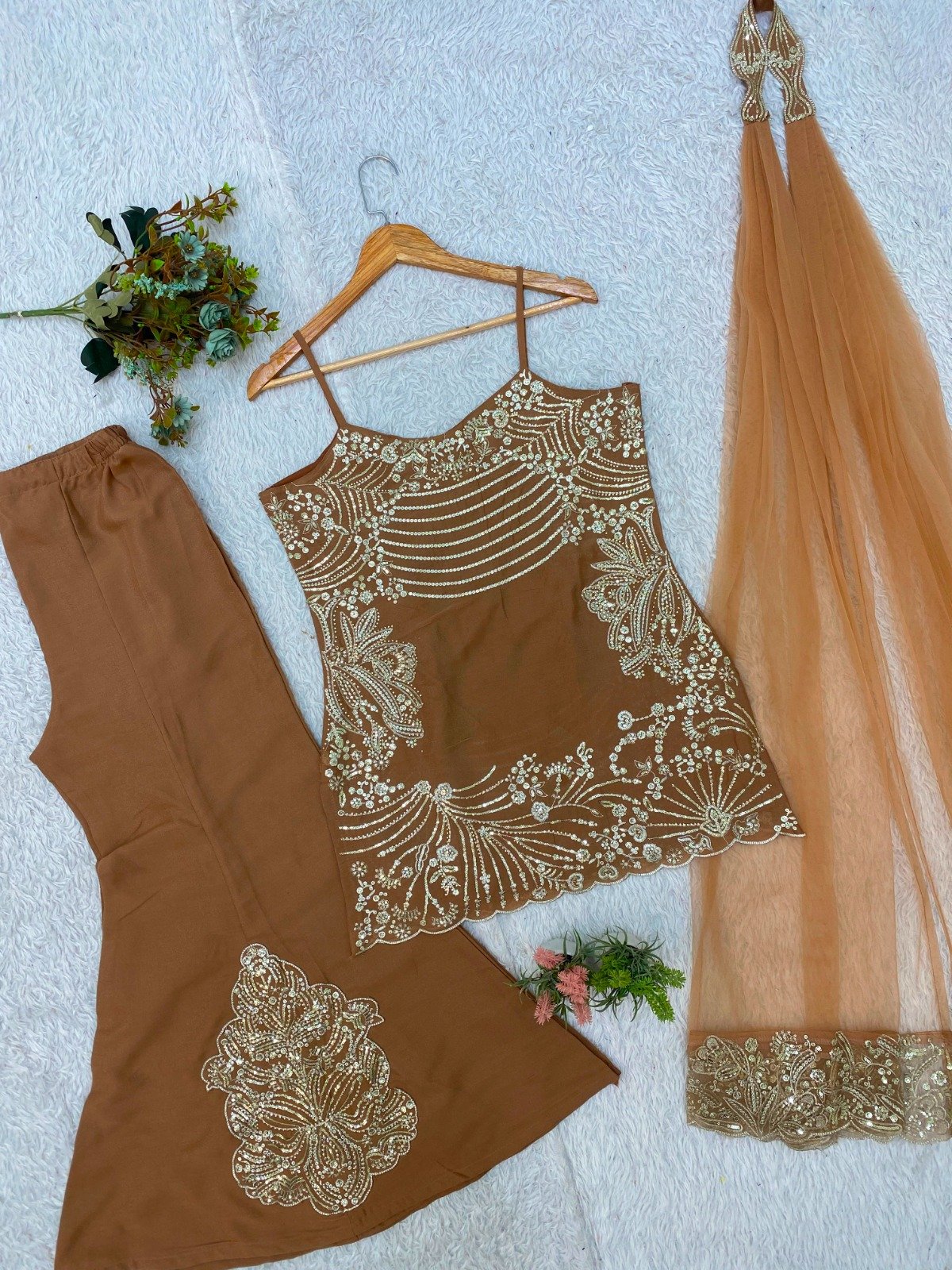 TOP ,PALAZZO AND BELT DUPATTA WITH SEQUENCE EMBROIDERED AND JARKAN WORKED