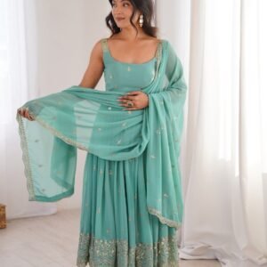 Presenting Anarkali Gown Pent Dupatta Set With Embroidery Sequence Work