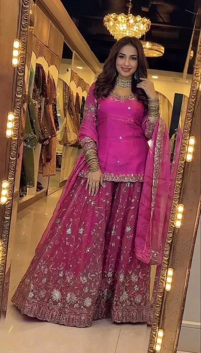 kurta palazzo set pure frendy silk with embroidery sequence worked kurta palazzo set pure frendy silk with embroidery sequence worked