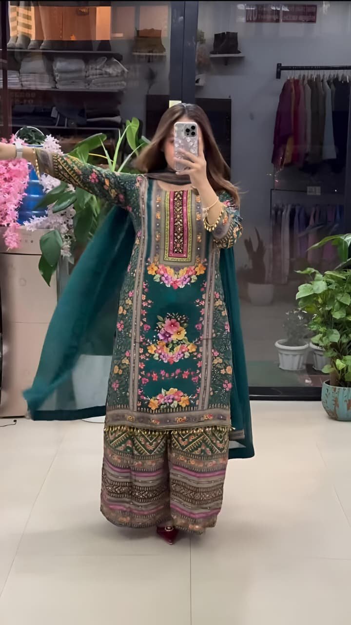 pakistani georgette 3 piece set with real mirror work pakistani georgette 3 piece set with real mirror work