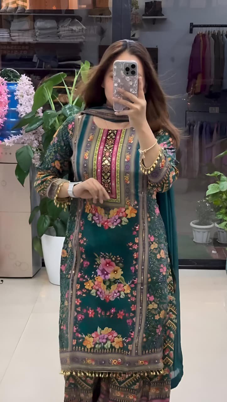 pakistani georgette 3 piece set with real mirror work pakistani georgette 3 piece set with real mirror work