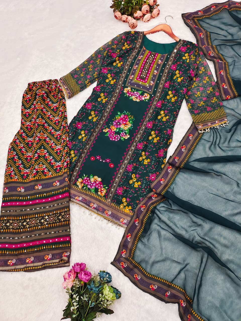 pakistani georgette 3 piece set with real mirror work pakistani georgette 3 piece set with real mirror work