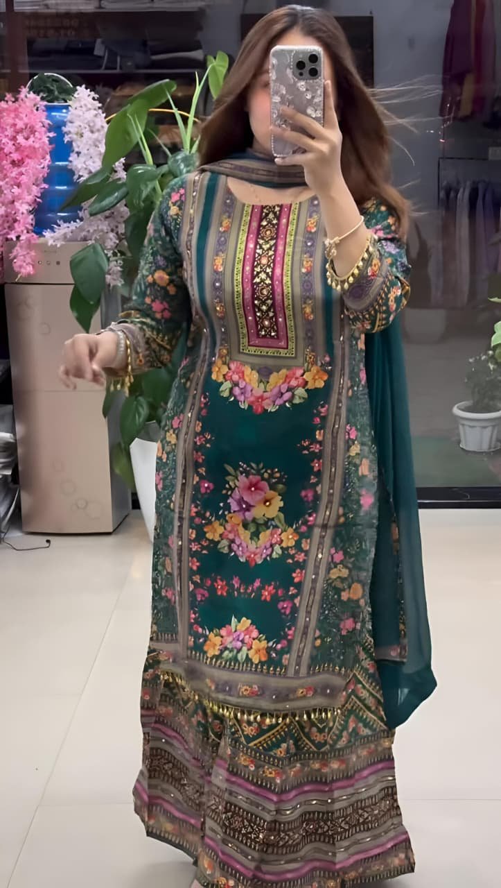 pakistani georgette 3 piece set with real mirror work pakistani georgette 3 piece set with real mirror work