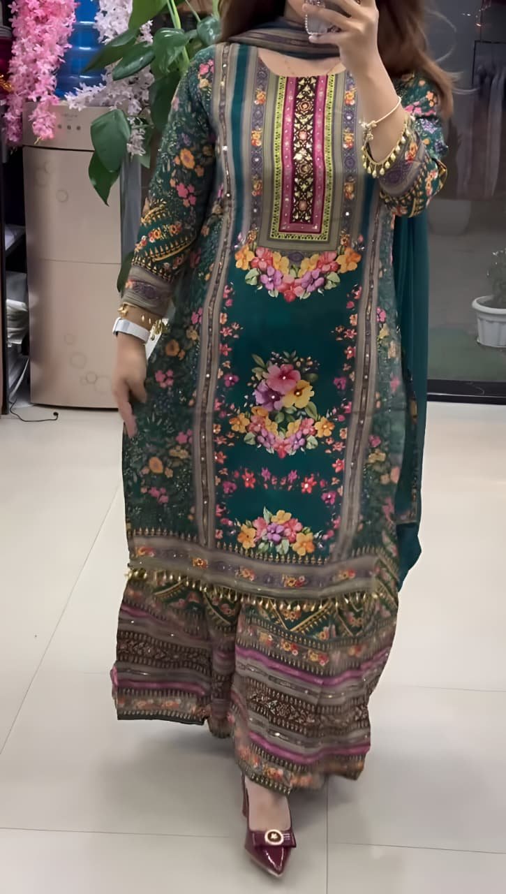 pakistani georgette 3 piece set with real mirror work pakistani georgette 3 piece set with real mirror work