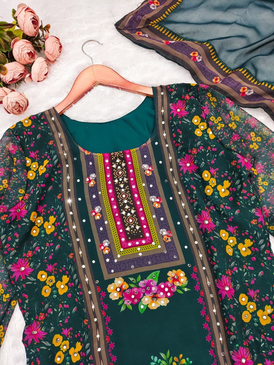 pakistani georgette 3 piece set with real mirror work pakistani georgette 3 piece set with real mirror work
