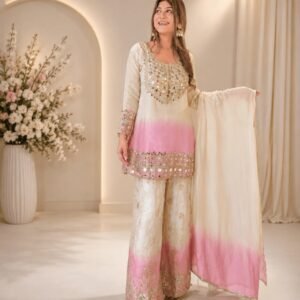 real mirror embroidered worked top, plazzo with dupatta