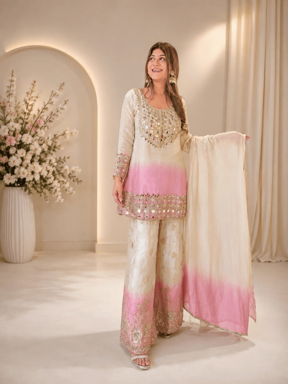 real mirror embroidered worked top, plazzo with dupatta real mirror embroidered worked top, plazzo with dupatta