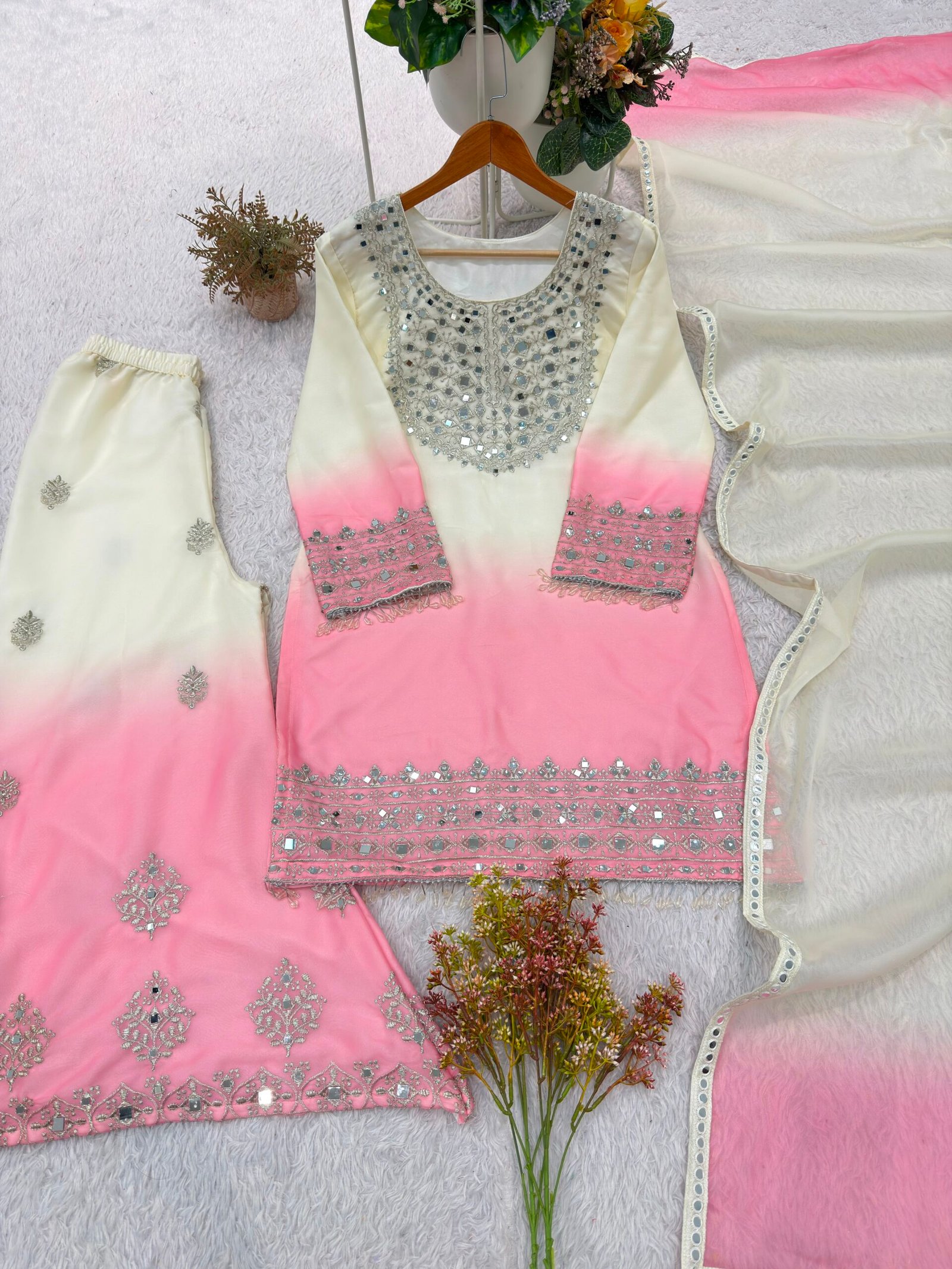 real mirror embroidered worked top, plazzo with dupatta real mirror embroidered worked top, plazzo with dupatta