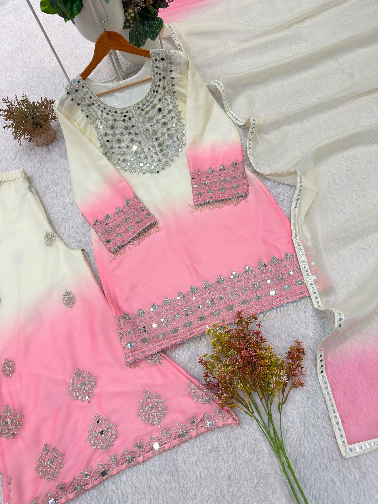 real mirror embroidered worked top, plazzo with dupatta real mirror embroidered worked top, plazzo with dupatta