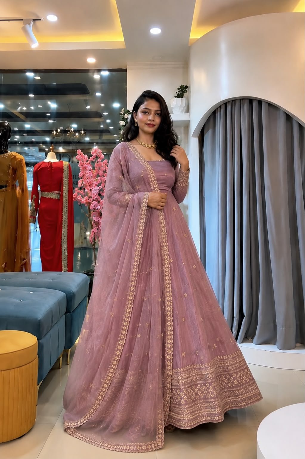 wear anarkali gown crunchy silk with embroidered sequence work with fully flair wear anarkali gown crunchy silk with embroidered sequence work with fully flair