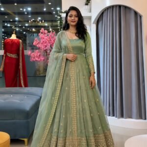 wear anarkali gown crunchy silk with embroidered sequence work with fully flair