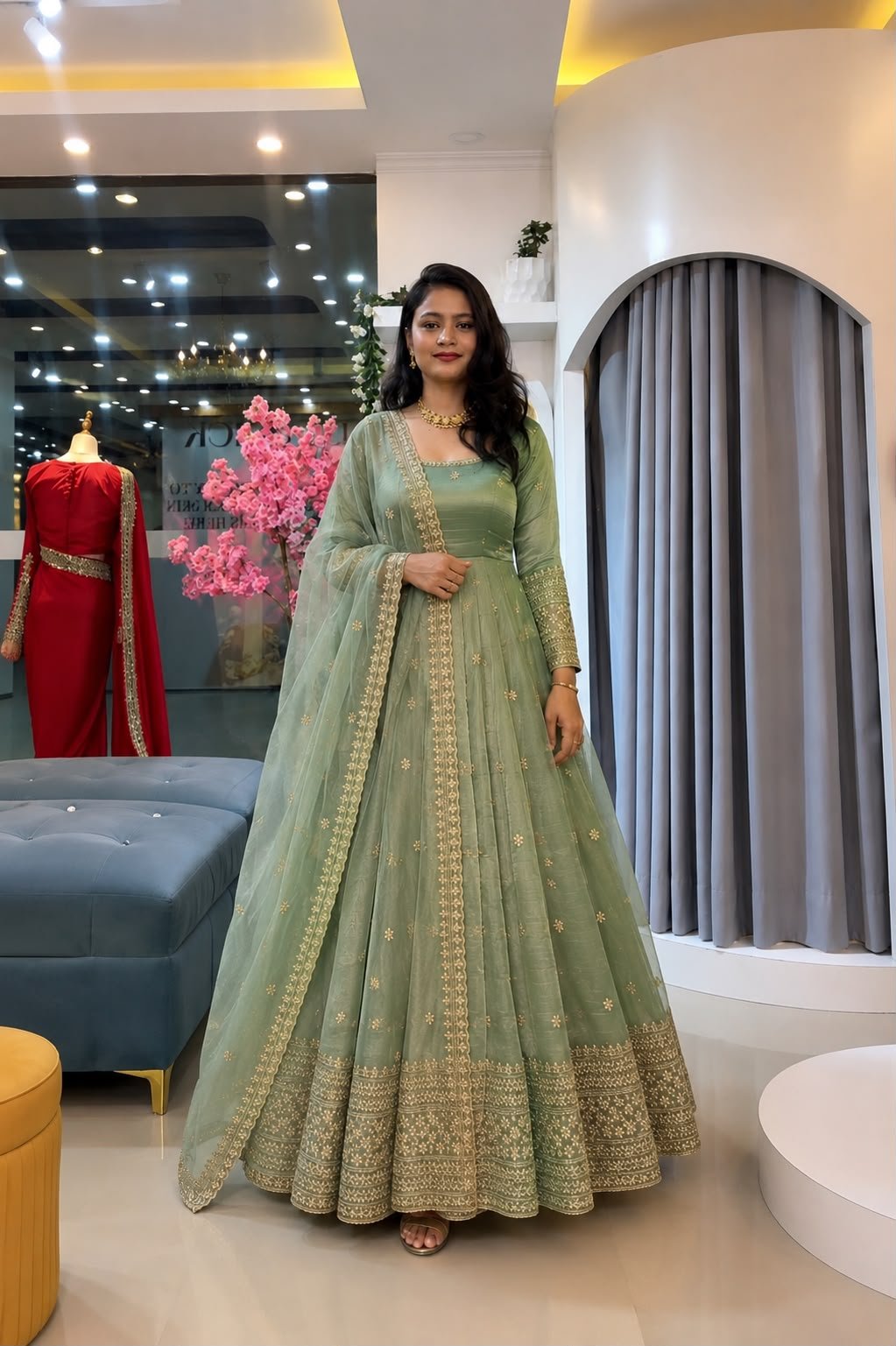 wear anarkali gown crunchy silk with embroidered sequence work with fully flair wear anarkali gown crunchy silk with embroidered sequence work with fully flair