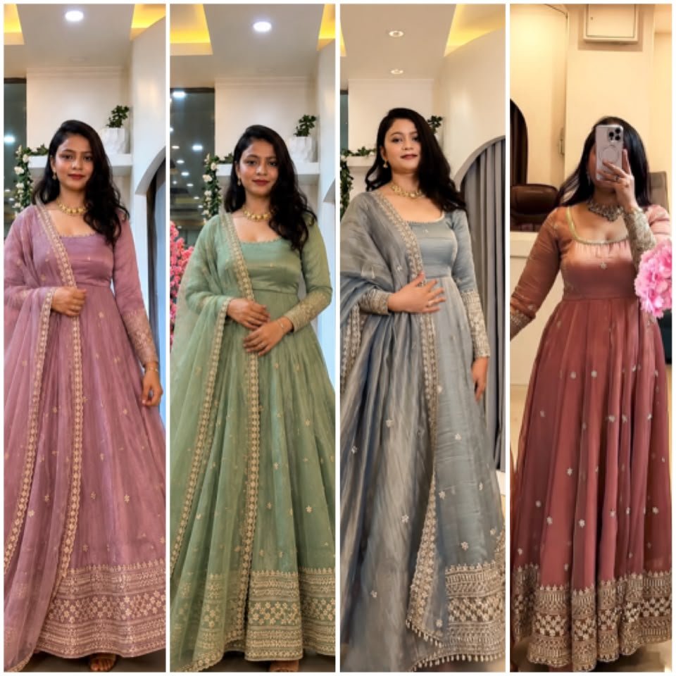 wear anarkali gown crunchy silk with embroidered sequence work with fully flair wear anarkali gown crunchy silk with embroidered sequence work with fully flair