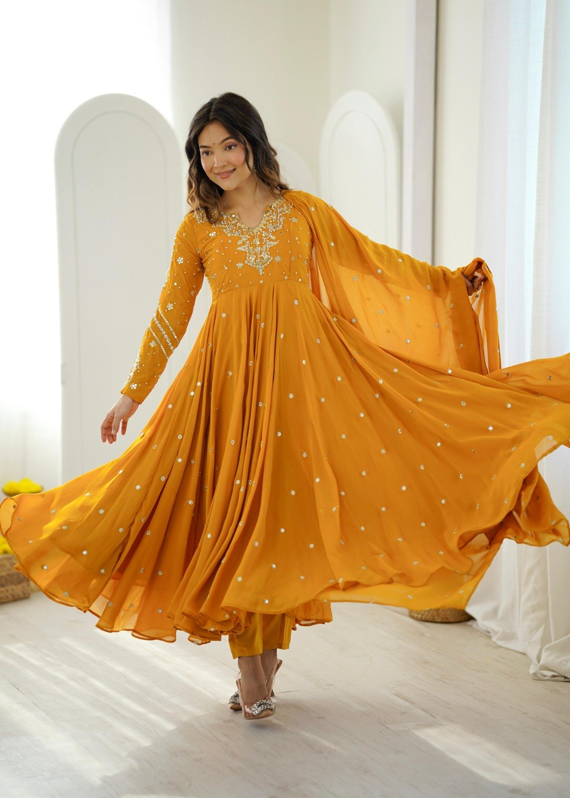 New Designer Collection In Faux Georgette With Embroidery Work Gown And Dupatta Set - Image 5