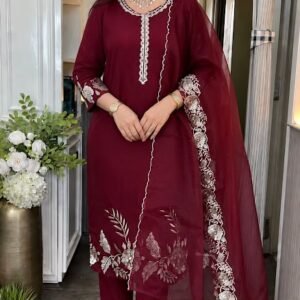women's roman silk embroidered a line kurta with pant and dupatta sets