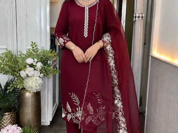 women's roman silk embroidered a line kurta with pant and dupatta sets women's roman silk embroidered a line kurta with pant and dupatta sets