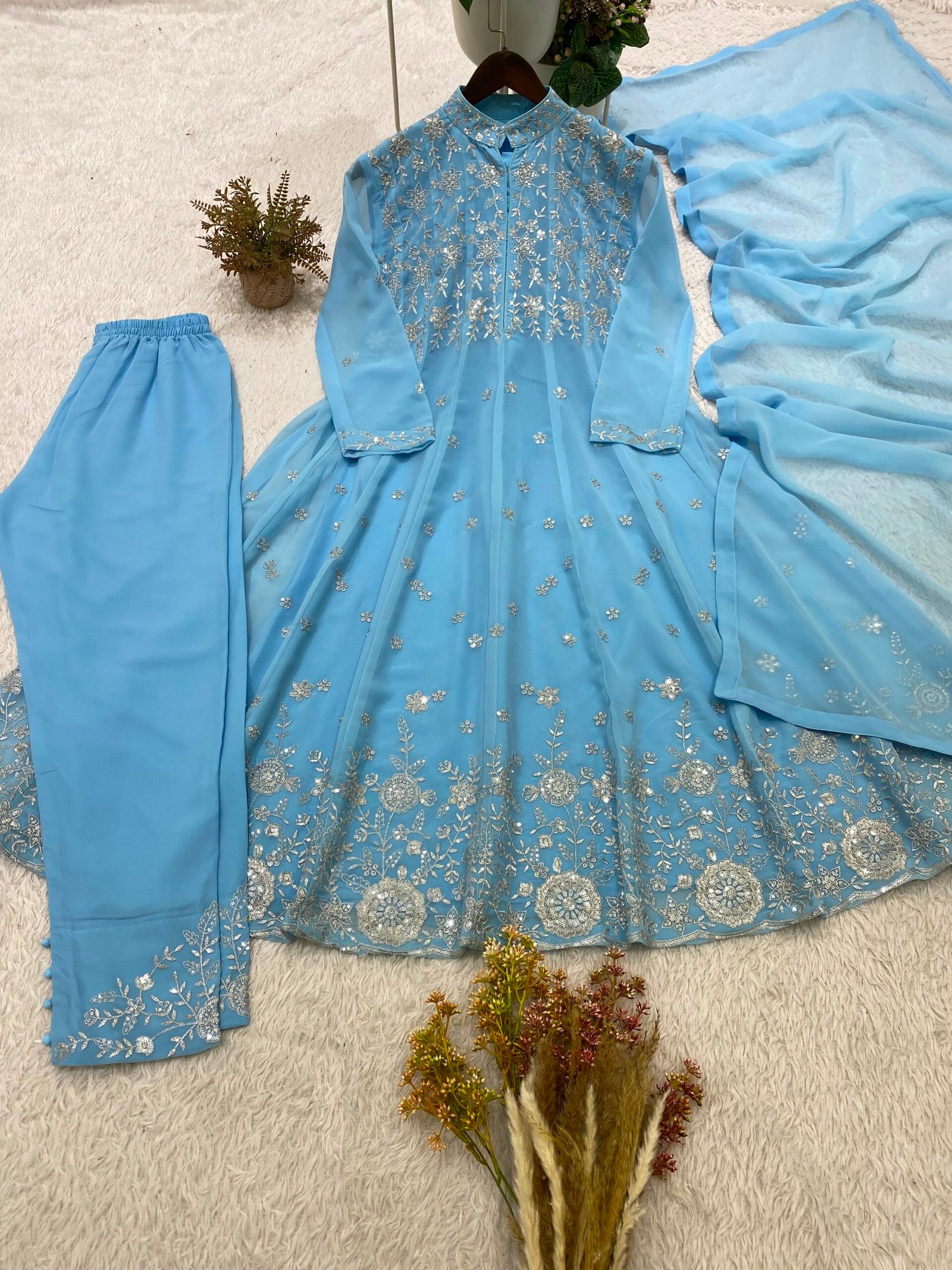 designer sequence embroidered worked round top, pant with dupatta* designer sequence embroidered worked round top, pant with dupatta* 