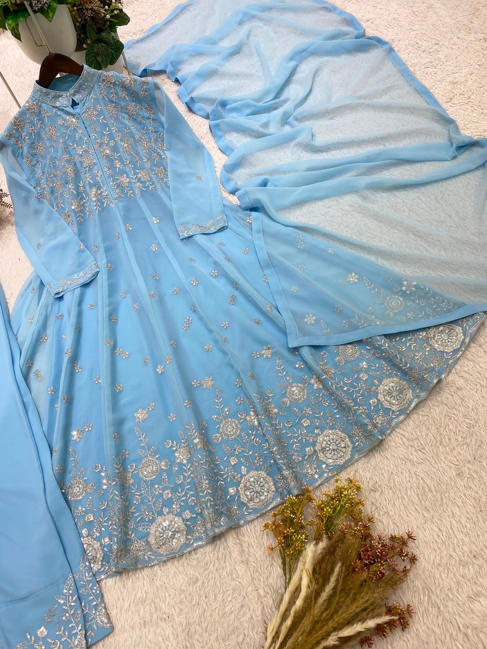 designer sequence embroidered worked round top, pant with dupatta* designer sequence embroidered worked round top, pant with dupatta* 