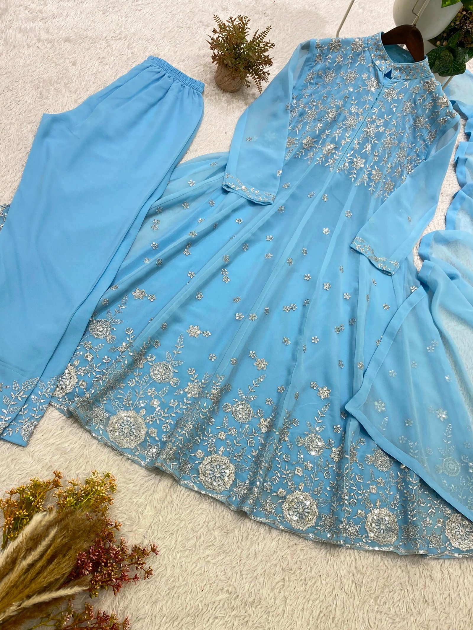 designer sequence embroidered worked round top, pant with dupatta* designer sequence embroidered worked round top, pant with dupatta* 