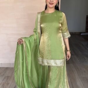 new designer embroidery sequence work with fancy top palazzo dupatta set